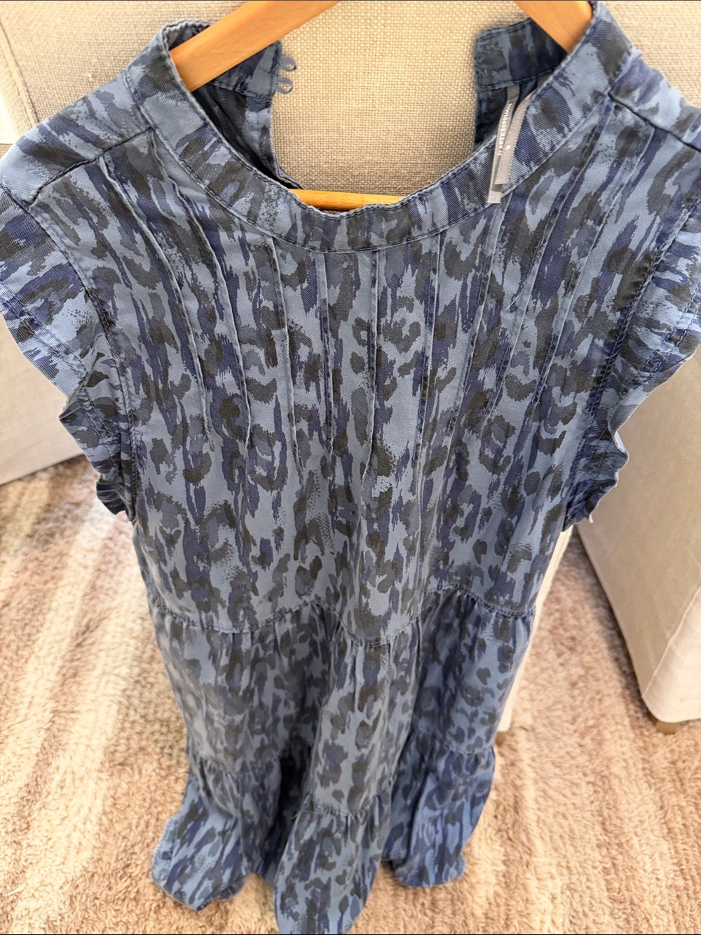 Anthropologie Blue Leopard-Print Tiered Ruffle-Sleeve Dress